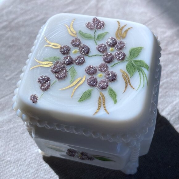 Westmoreland Milk Glass Trinket Box, Hand Painted, Sugared Floral, Vintage - Picture 2 of 11